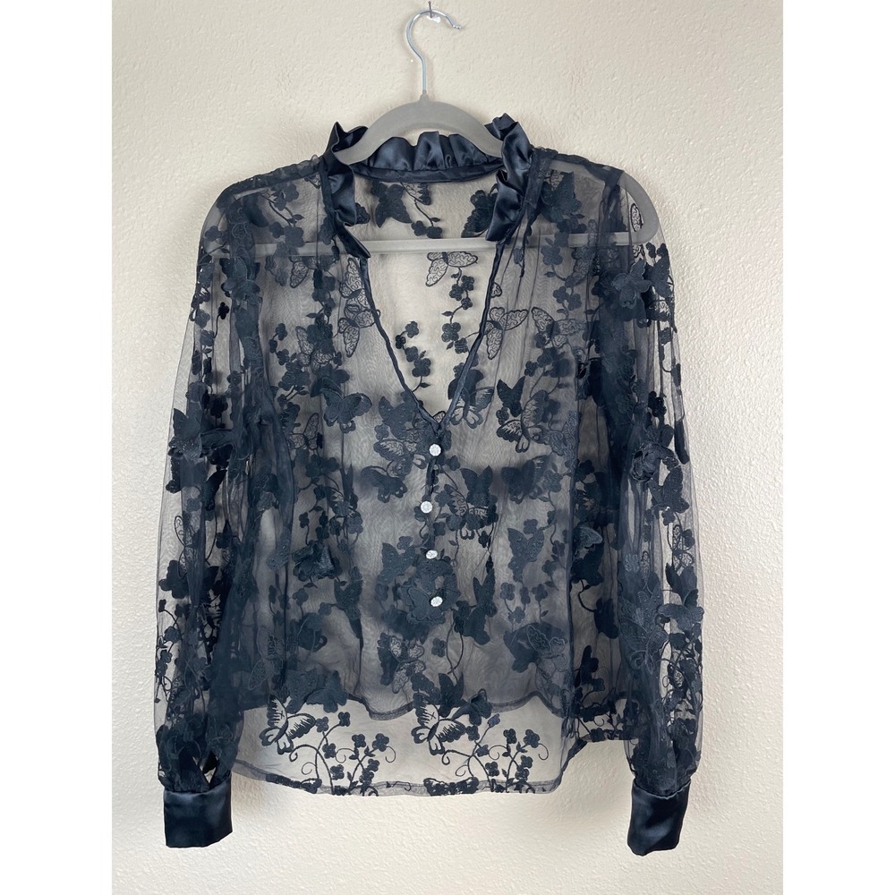 Black Sheer Mesh Butterfly Embroidered Blouse‎ Ruffle Neck Rhinestone Button Top